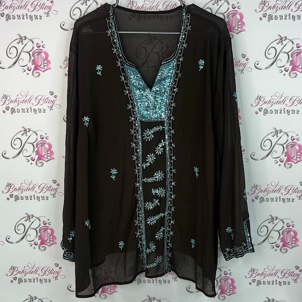 Cover up dress beach embroidery sequins sparkly Embroidered Brown Blue Top
